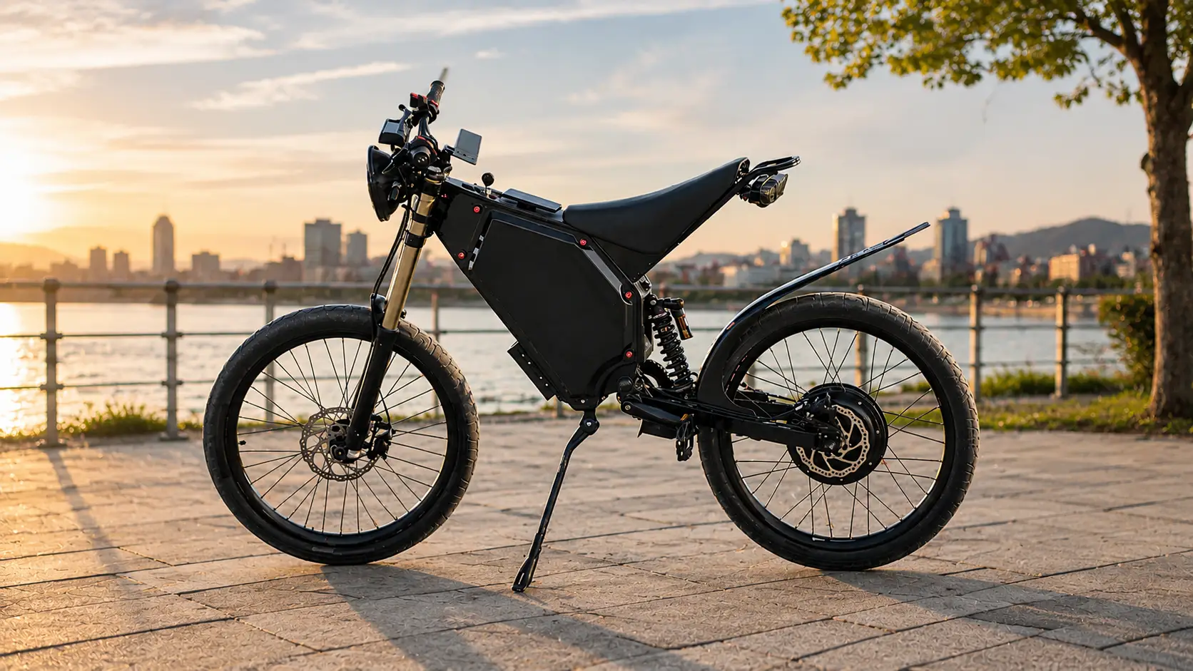 Modernes E-Bike für Alltag und Pendelstrecken am Flussufer mit Stadtblick.