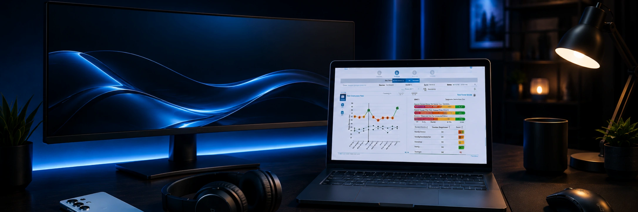 Moderan radni stol s ultrawide monitorom, prijenosnim računalom, Samsung Galaxy pametnim telefonom i tehnološkim dodacima