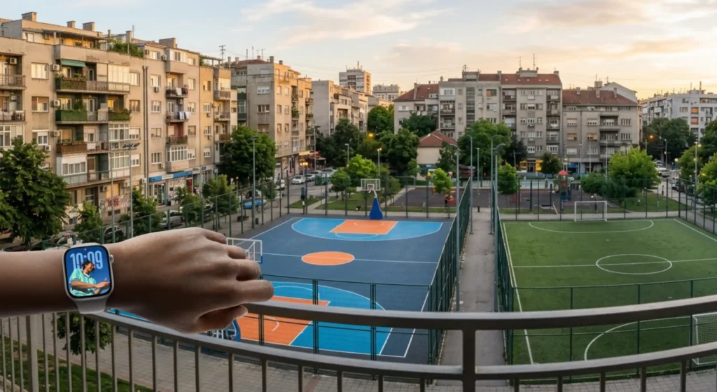Apple Watch Series 11 na zapešću tijekom praćenja sportskih aktivnosti uz košarkaško i nogometno igralište.