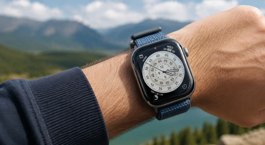 Apple Watch Series 11 na plavoj tekstilnoj narukvici tijekom boravka na otvorenom uz jezero i zalazak sunca.
