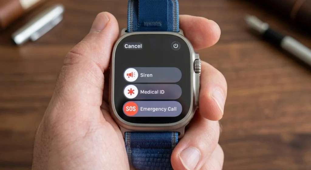 Krupni plan muške ruke koja drži Apple Watch Ultra 3 pametni sat s plavim remenom, prikazujući SOS zaslon na ekranu, s drvenim stolom u pozadini.