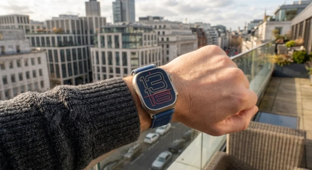 Apple Watch Ultra na muškoj ruci sa sivim džemperom na terasi u gradu