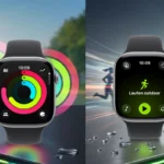 Dva Apple Watch Series 11 pametna sata prikazana na modernoj podijeljenoj pozadini za fitness i trčanje na otvorenom.