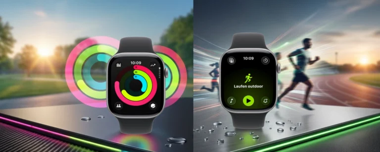 Dva Apple Watch Series 11 pametna sata prikazana na modernoj podijeljenoj pozadini za fitness i trčanje na otvorenom.