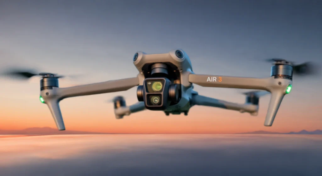 DJI Air 3S u letu s dvostrukim sustavom kamera iznad zelenog krajolika