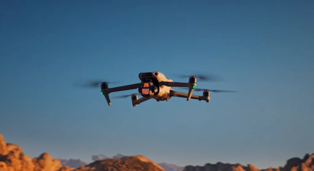 DJI Air 3S u letu s prikazom dvostrukog sustava kamera iznad planinskog krajolika pri zalasku sunca