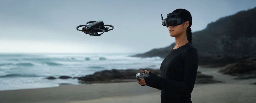 DJI Avata 2 FPV dron u letu iznad obale dok pilot upravlja dronom pomoću DJI Goggles 3 naočala i daljinskog upravljača.