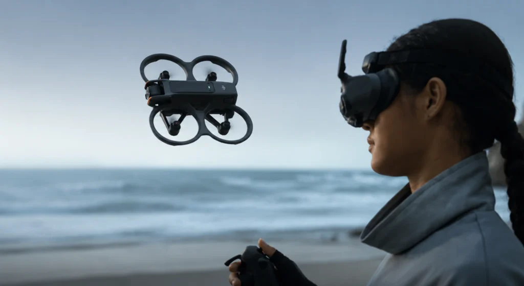 DJI Avata 2 FPV dron u letu ispred pilota koji koristi DJI Goggles 3 FPV naočale na morskoj obali.