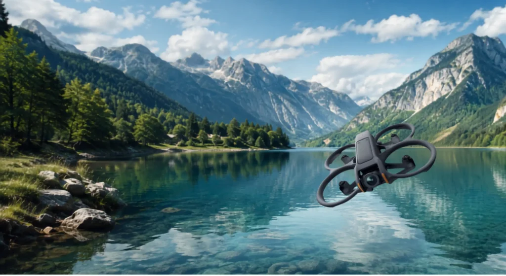 DJI Avata 2 FPV dron leti iznad planinskog jezera okruženog šumom i visokim planinama.
