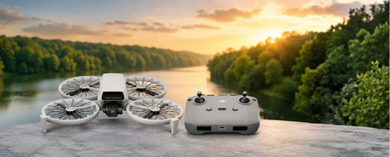 DJI Flip dron i daljinski upravljač na kamenoj podlozi uz rijeku i šumski krajolik u pozadini.