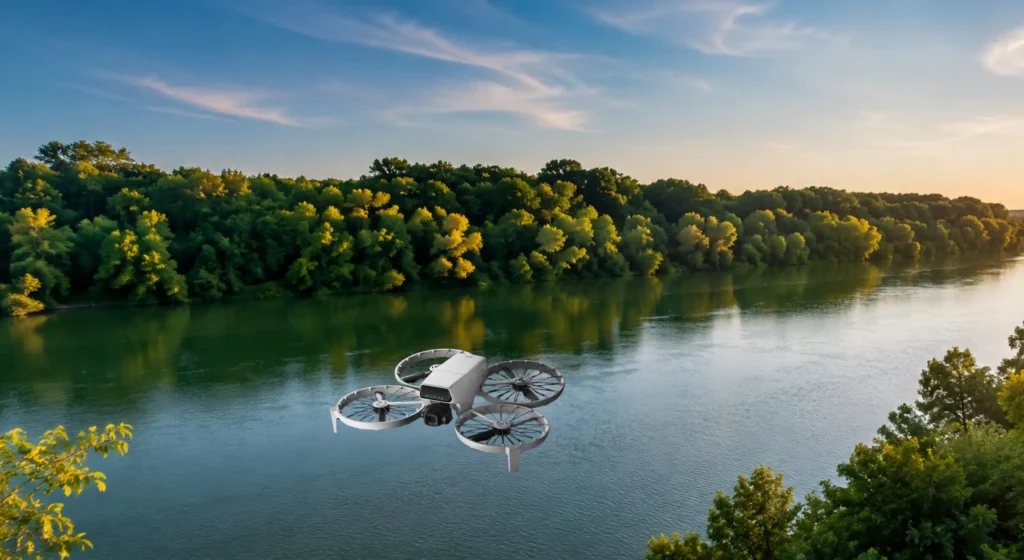 DJI Flip leti iznad rijeke Dunav uz gustu zelenu šumu tijekom zalaska Sunca.