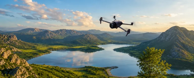 DJI Mavic 4 Pro leti iznad planinskog jezera tijekom zalaska sunca