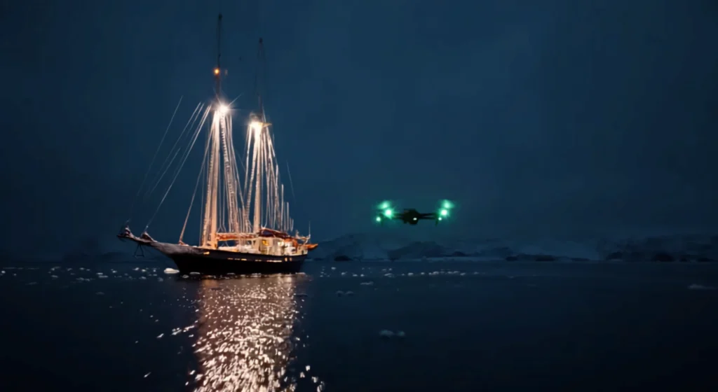 DJI Mavic 4 Pro tijekom noćnog snimanja uz jedrilicu zahvaljujući Hasselblad kameri i naprednim senzorima
