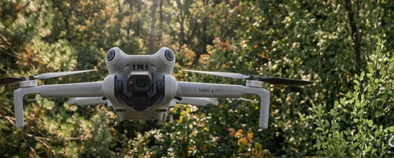 DJI Mini 4 Pro dron zraku ispred guste šumske vegetacije.