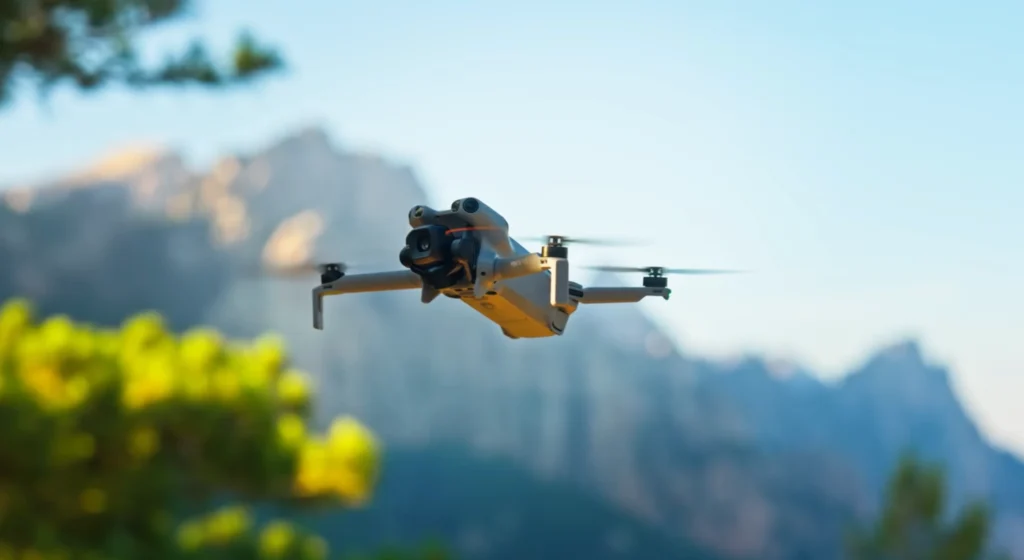 DJI Mini 5 Pro u letu s prednjim LiDAR senzorom ispred planinskog krajolika
