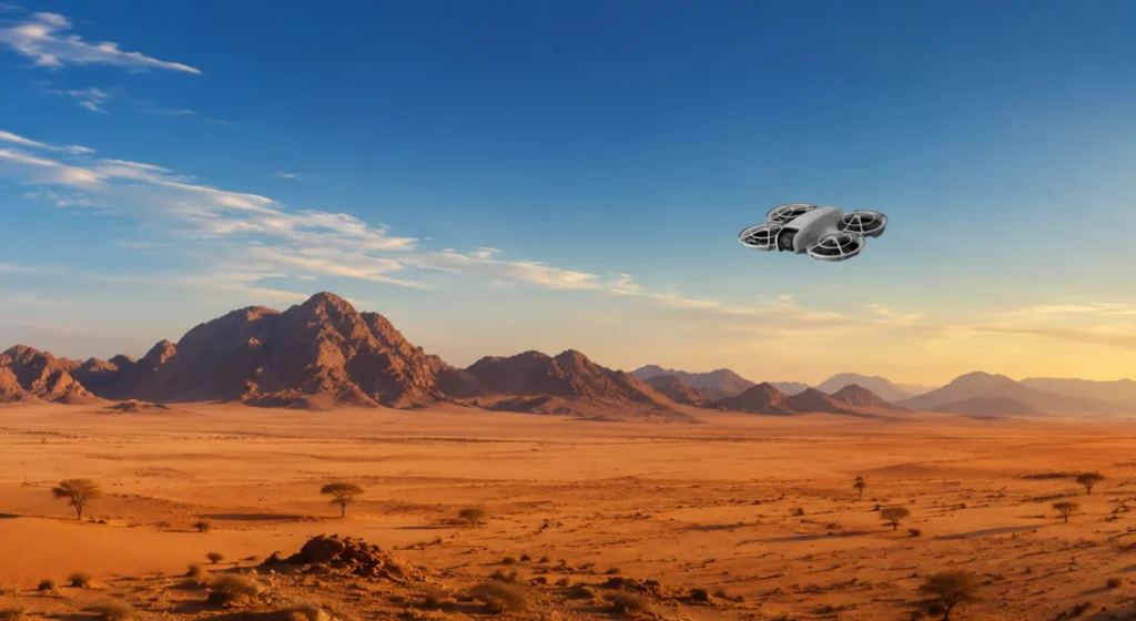 DJI Neo dron leti iznad afričke pustinje s planinskim lancem u pozadini tijekom snimanja iz zraka.