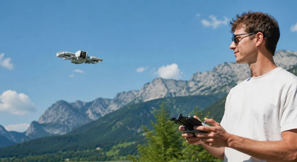 DJI Neo u letu ispred korisnika koji upravlja dronom daljinskim upravljačem u planinskom krajoliku tijekom ljetnog dana.