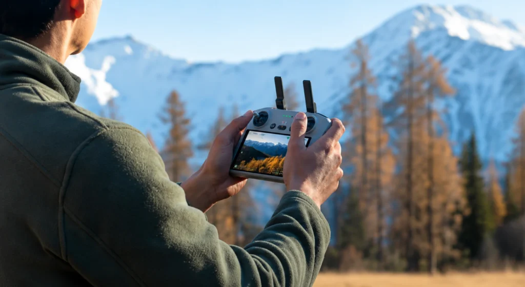 Osoba upravlja DJI daljinskim upravljačem za dron u planinskom krajoliku s prikazom prijenosa uživo na zaslonu.