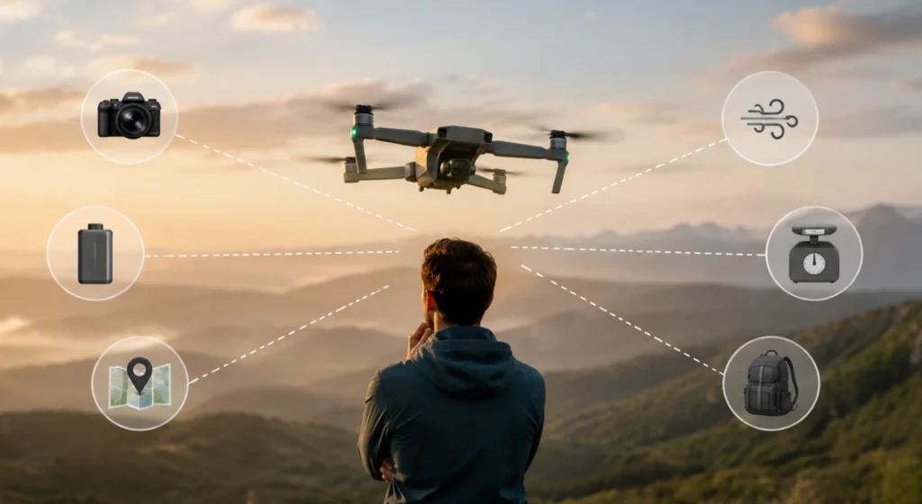 Osoba promatra dron u letu tijekom odabira najboljeg modela za fotografiranje, putovanja i svakodnevno korištenje.