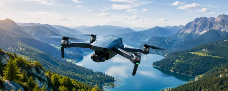 Moderni dron s kamerom leti iznad planinskog krajolika i jezera