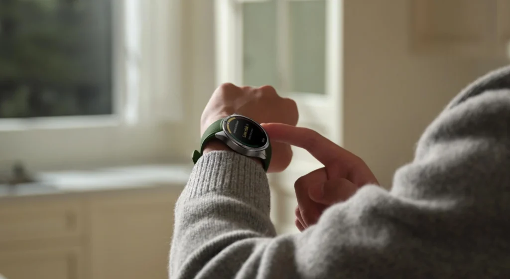 Korisnik koristi OnePlus Watch 3 s AMOLED zaslonom i zelenom fluorogumenom narukvicom tijekom svakodnevnog korištenja u zatvorenom prostoru.