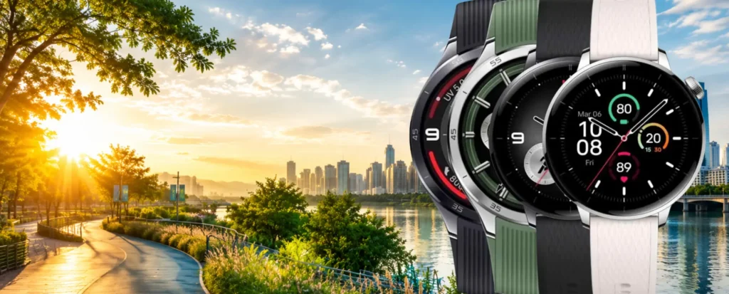 Tri OnePlus Watch 3 - 4 pametna sata u različitim bojama ispred modernog gradskog parka s jezerom tijekom zlatnog izlaska sunca.