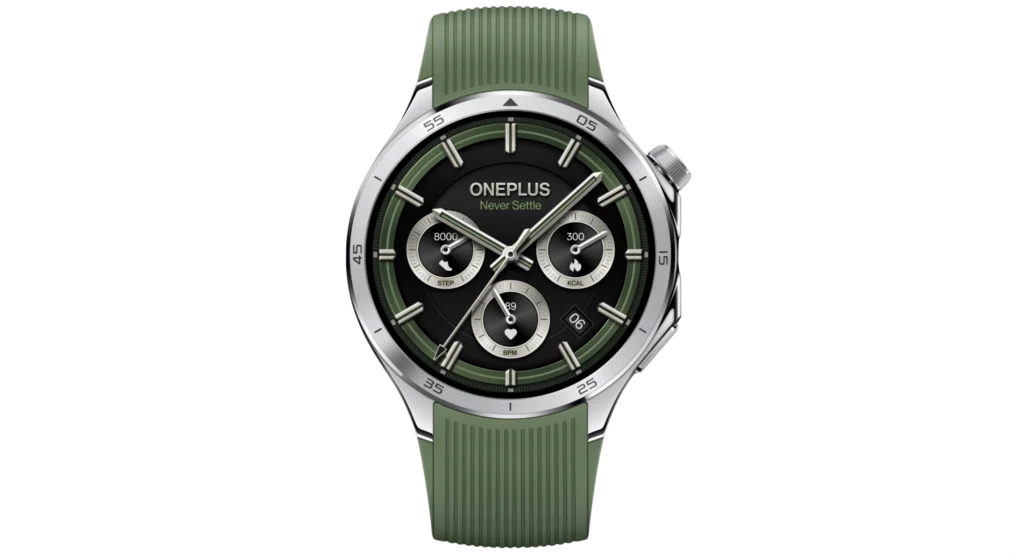 OnePlus Watch 3 s titanijskim okvirom, safirnim staklom i zelenom fluorogumenom narukvicom na crnoj pozadini.