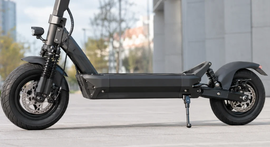 Prednji i stražnji ovjes električnog romobila s vidljivim oprugama.