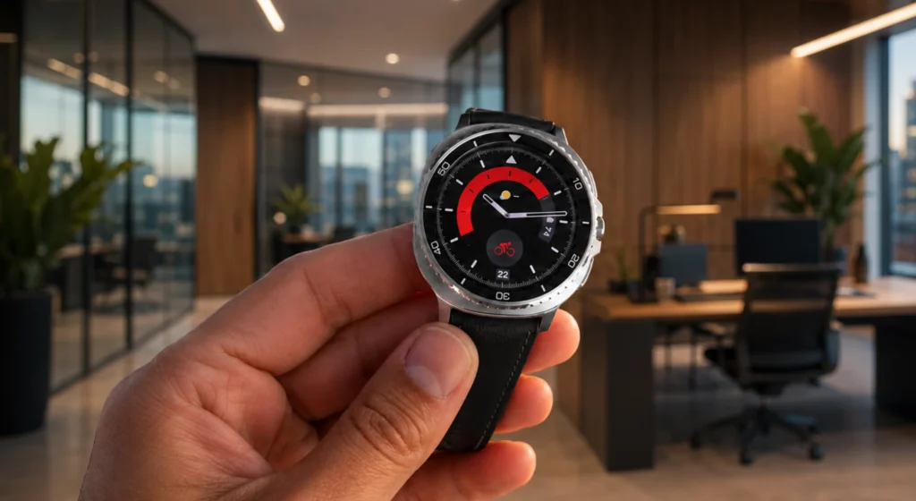 Samsung Galaxy Watch8 Classic u ruci korisnika u modernom uredu.