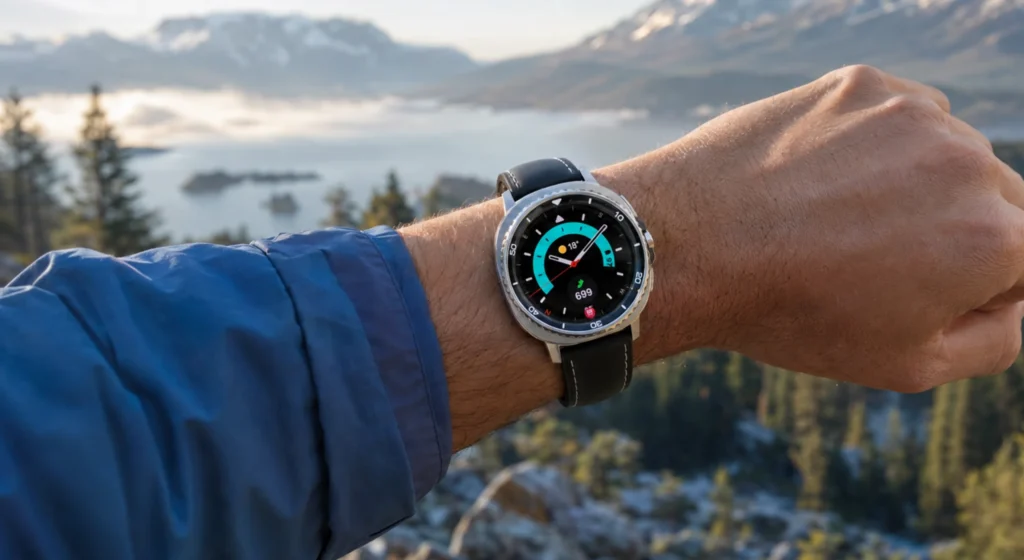 Samsung Galaxy Watch8 Classic na ruci planinara uz planinsko jezero.