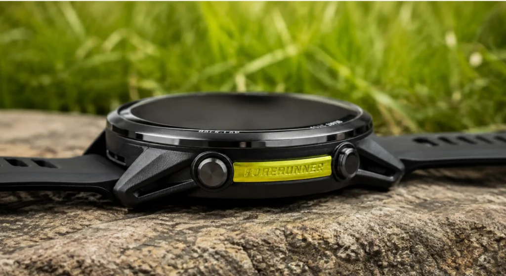 Bočni prikaz pametnog sata Garmin Forerunner 970 s titanijskim okvirom, tipkama i silikonskom narukvicom na kamenoj podlozi.