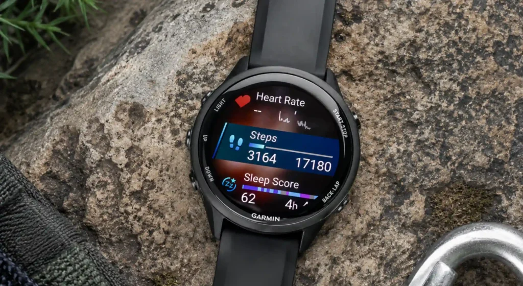 Garmin Forerunner 970 prikaz zaslona s praćenjem zdravlja i aktivnosti.