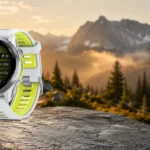 Garmin Forerunner 970 pametni sportski sat na kamenoj podlozi u planinskom krajoliku tijekom izlaska sunca.