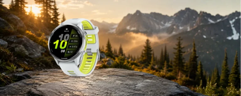 Garmin Forerunner 970 pametni sportski sat na kamenoj podlozi u planinskom krajoliku tijekom izlaska sunca.
