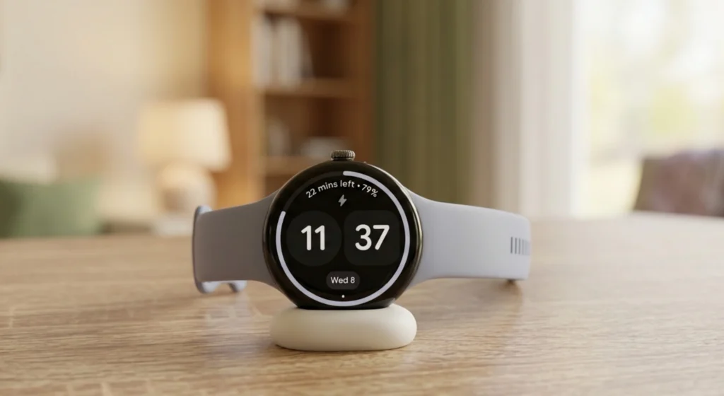 Google Pixel Watch pametni sat na bežičnom punjaču na drvenom stolu