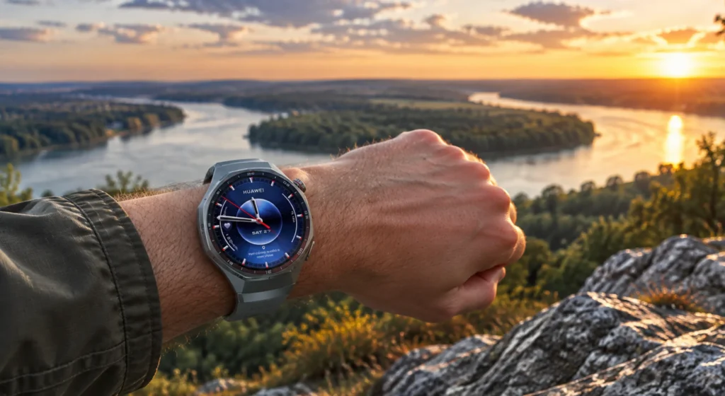 HUAWEI Watch GT 6 Pro na zapešću tijekom planinarenja s pogledom na rijeku Dunav pri zalasku sunca.