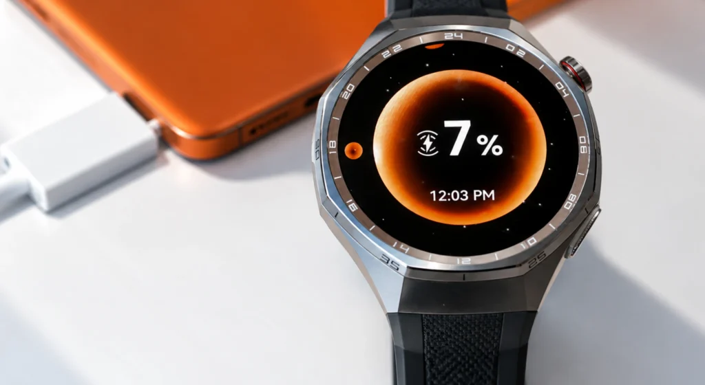 HUAWEI Watch GT 6 Pro tijekom punjenja pored narančastog pametnog telefona.