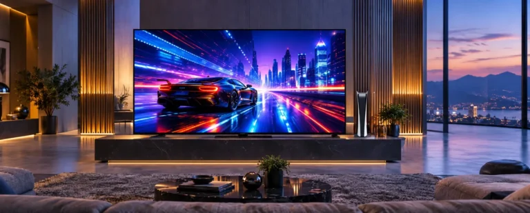 Luksuzni moderan dnevni boravak s velikim QLED televizorom koji prikazuje sportski automobil, uz PS5 konzolu i pametni zvučnik